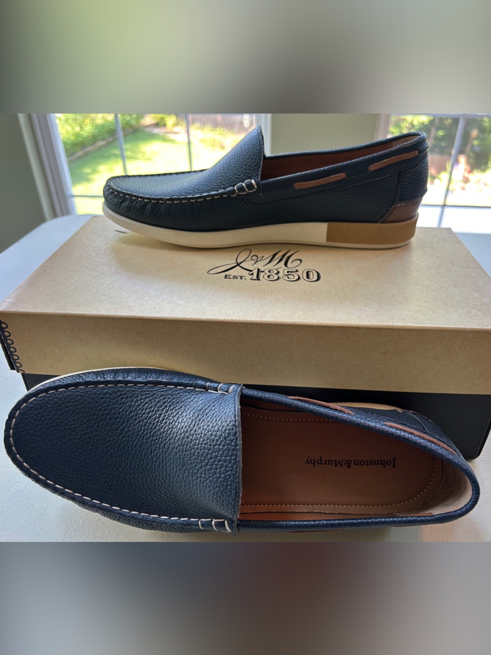 Johnston & Murphy Navy Leather Slip-On Moccasins with Tan Accents - Picture 7 of 9